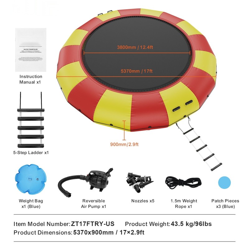 Ilmatäytteinen vesitrampoliini 5,37 metriä PVC-muovi 5-portainen tikas 600 wattin ilmapumppu