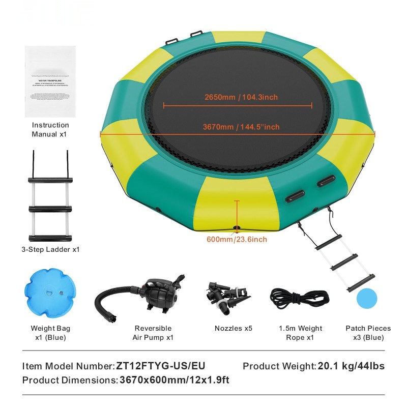 Ilmatäytteinen vesitrampoliini 12 jalan paksu PVC-kangas 600 watin täyttöpumpulla