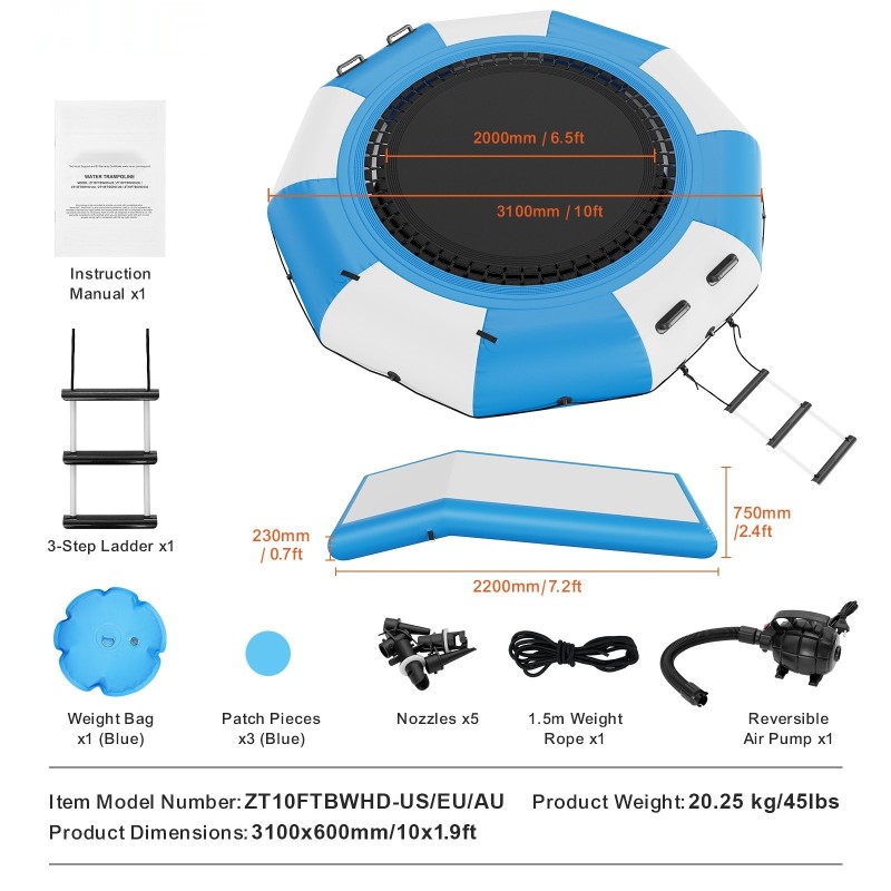 Puhallettava vesitrampoliini 3,1 m paksu PVC-kangas liukumäellä 3-portaisella tikkaalla sähköpumpulla