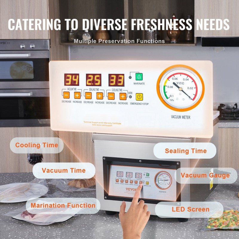 Kammio-tyhjiöpakkauskone ruostumatonta terästä 320 millimetrin sulkupituus 320 watin sulkuteho kotikeittiöön ja ammattikäyttöön