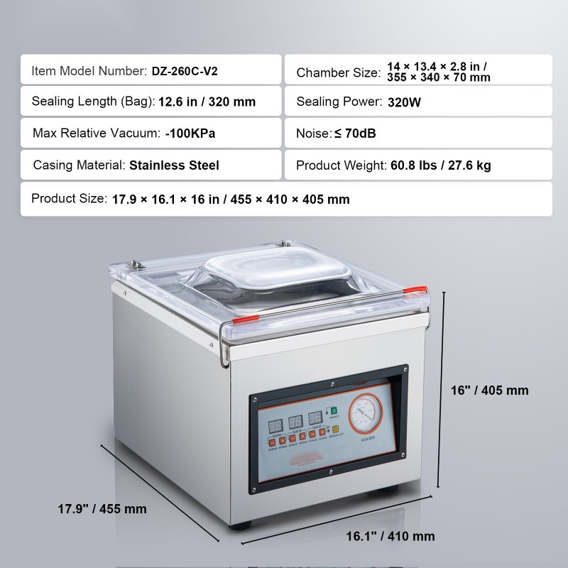 Kammio-tyhjiöpakkauskone ruostumatonta terästä 320 millimetrin sulkupituus 320 watin sulkuteho kotikeittiöön ja ammattikäyttöön