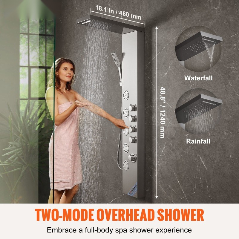 Seinäasennettava suihkupaneeli 304-ruostumattomasta teräksestä 4 suihkutilaa 5 vartalosuihkujettiä käsisuihku 1,5 m letku