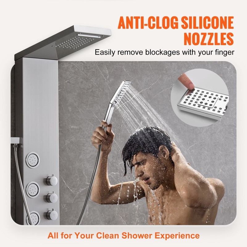 Seinäasennettava suihkupaneeli 304-ruostumattomasta teräksestä 4 suihkutilaa 5 vartalosuihkujettiä käsisuihku 1,5 m letku