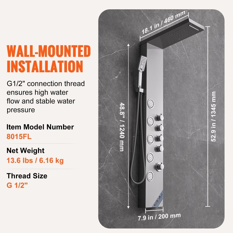 Seinäasennettava suihkupaneeli 304-ruostumattomasta teräksestä 4 suihkutilaa 5 vartalosuihkujettiä käsisuihku 1,5 m letku