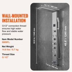 Seinäasennettava 304 ruostumaton teräs suihkupaneeli 6 suihkutapaa 8 hierontasuutinta 3-asentoinen käsisuihku LED-näytöllä