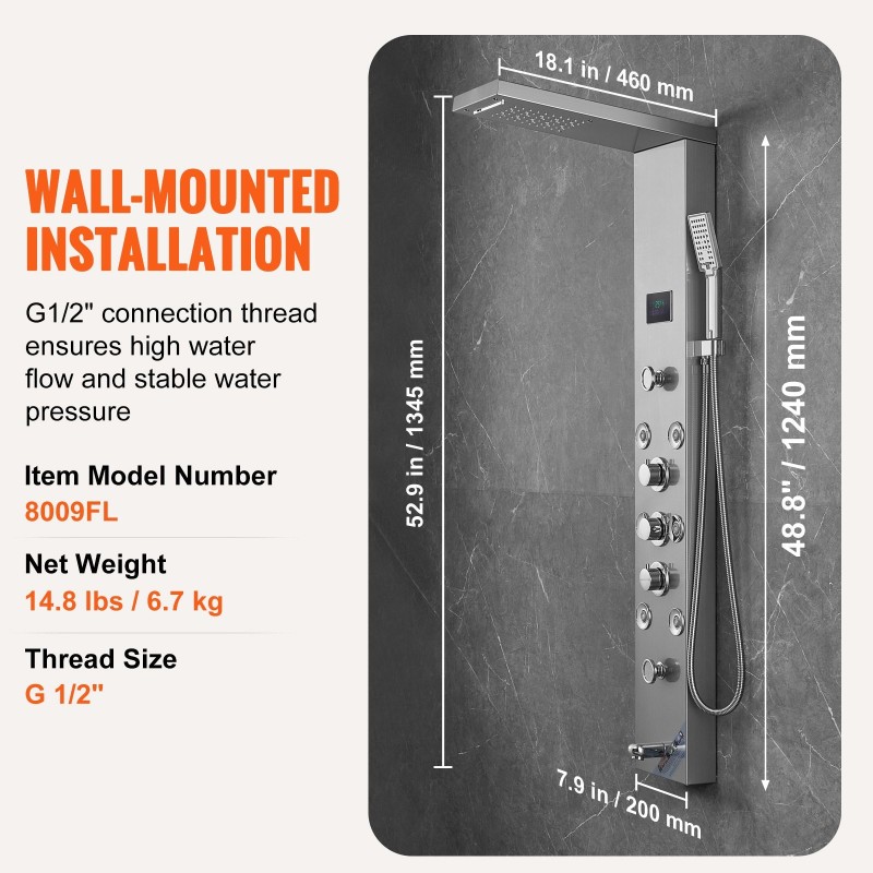 Seinäasennettava 304 ruostumaton teräs suihkupaneeli 6 suihkutapaa 8 hierontasuutinta 3-asentoinen käsisuihku LED-näytöllä