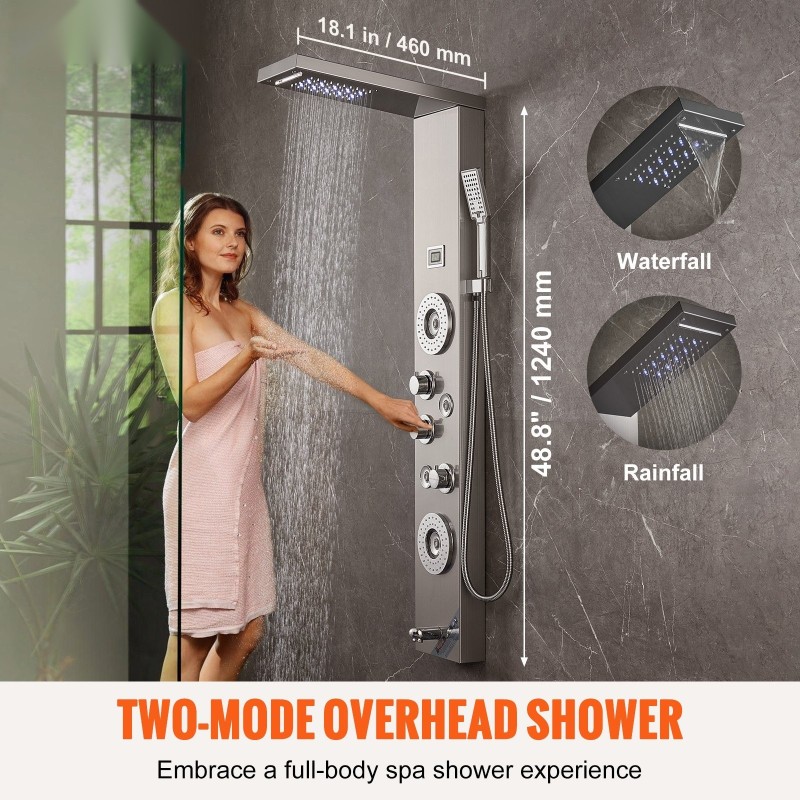 Suihkupaneeli ruostumattomasta teräksestä seinään asennettava 6 suihkutilaa 4 vartalohierontasuutinta LED