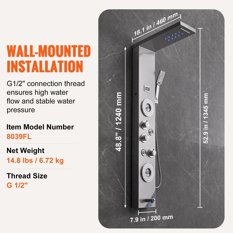 Suihkupaneeli ruostumattomasta teräksestä seinään asennettava 6 suihkutilaa 4 vartalohierontasuutinta LED