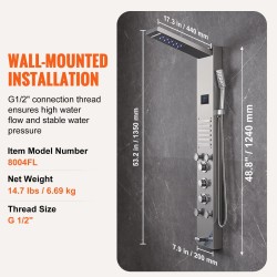 Seinäasennettava suihkupaneeli 304-ruostumattomasta teräksestä 6 suihkutilaa vesivoimainen LED-näyttö 3-toiminen käsisuihku