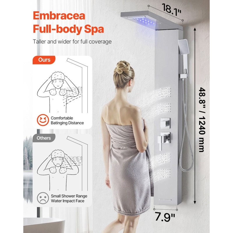 Suihkupaneeli 53 tuuman harjattu ruostumaton teräs 5-toiminen LED seinäasennus