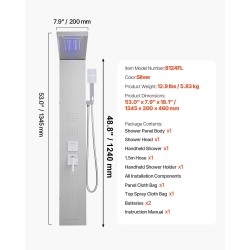 Suihkupaneeli 53 tuuman harjattu ruostumaton teräs 5-toiminen LED seinäasennus