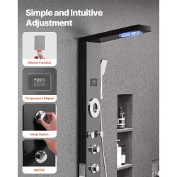 Seinäasennettava suihkupaneeli harjattu ruostumaton teräs 53 tuumaa musta LED-valaistu 5 vartalosuutinta