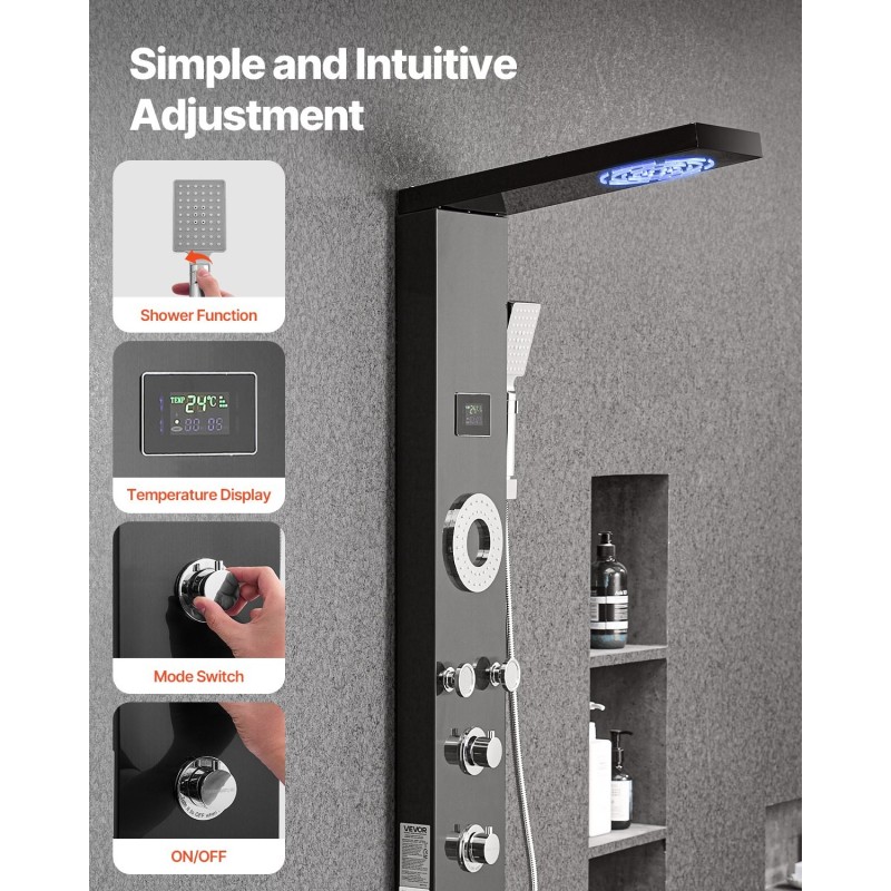 Seinäasennettava suihkupaneeli harjattu ruostumaton teräs 53 tuumaa musta LED-valaistu 5 vartalosuutinta