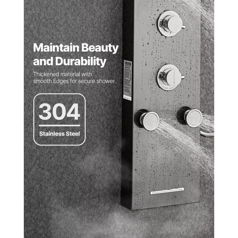 Seinäasennettava suihkupaneeli harjattu ruostumaton teräs 53 tuumaa musta LED-valaistu 5 vartalosuutinta