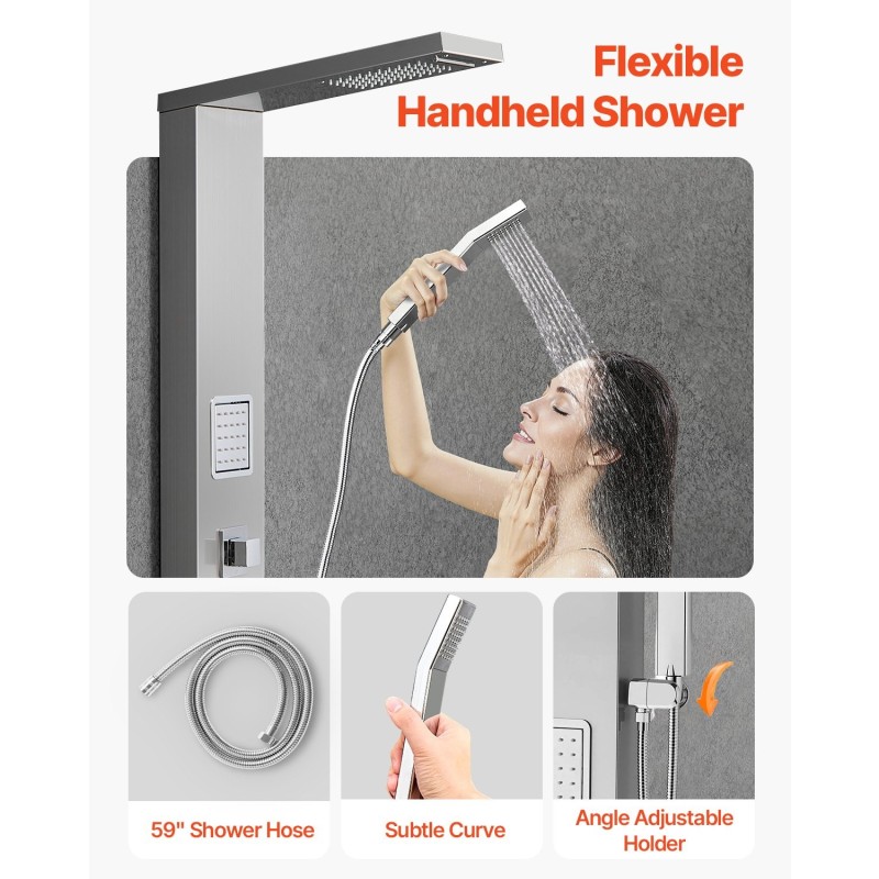 Suihkupaneeli harjattu ruostumaton teräs 1345 mm sadesuihku vesiputoussuihku 2 vartalosuutinta käsisuihku