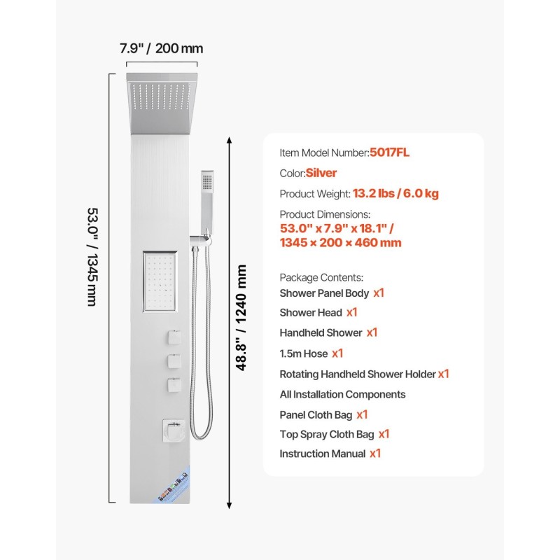 Suihkupaneelitorni harjattua ruostumatonta terästä 1345 mm seinään asennettava kolmitoiminen kattosuihku rungonsuihkut