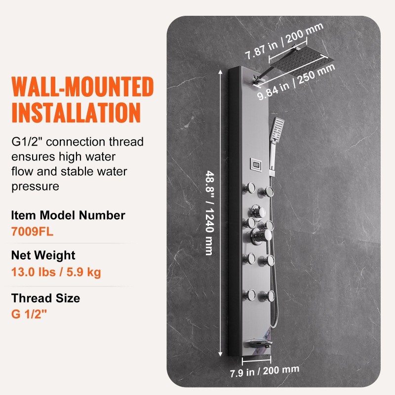 Seinäasennettava ruostumaton teräs suihkupaneeli digitaalinen näyttö sade kahdeksan hierontasuutinta kolmitilainen käsisuihku