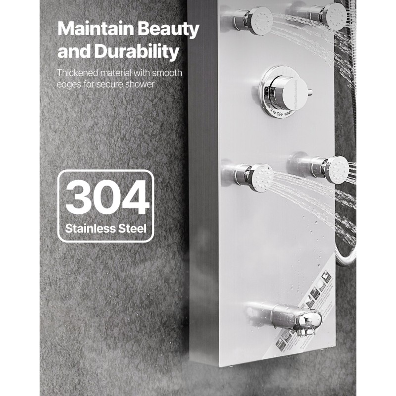 Seinäasennettava harjattu ruostumaton teräs suihkupaneeli 1240 mm kattosuihku 6 kehosuutinta käsisuihku ammehana