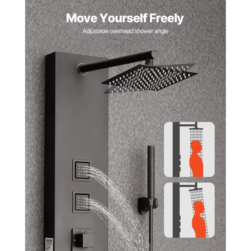 Suihkupaneeli harjattu ruostumaton teräs 1240 mm korkeus musta seinäkiinnitys kattosadesuihku neljä vartalosuutinta