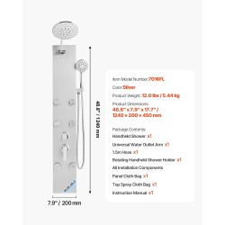 Seinäasennettava suihkupaneeli harjatusta ruostumattomasta teräksestä 124 cm sadesuihku käsisuihku 6 vartalosuutinta