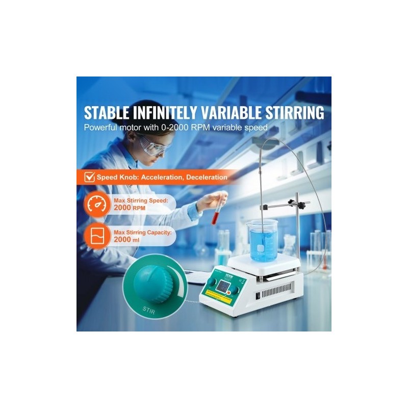 Magneettinen sekoituslevy 2000 millilitraa 0–2000 kierrosta minuutissa 500 watin lämmitys 100 asteeseen
