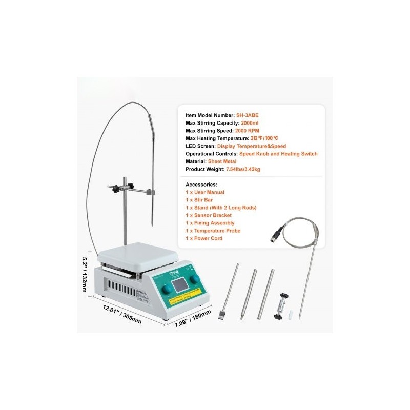 Magneettinen sekoituslevy 2000 millilitraa 0–2000 kierrosta minuutissa 500 watin lämmitys 100 asteeseen