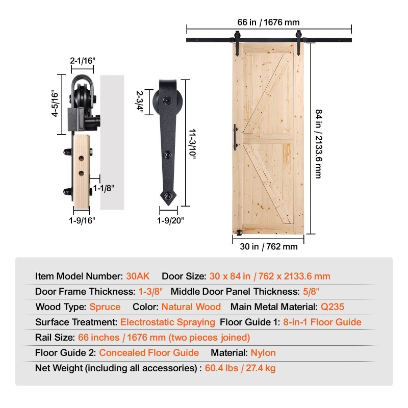 Liukuovipaketti kuusesta 762 x 2134 mm kiskolla ja lattiaohjaimella