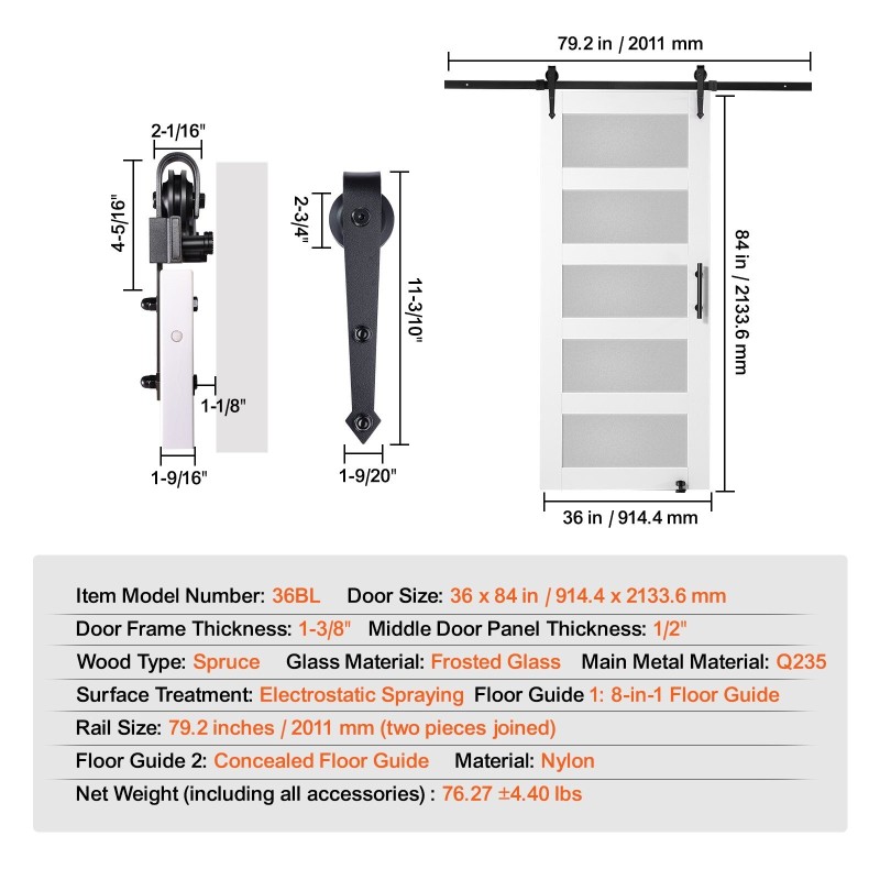Liukuovisarja kuusipuulevy 36 x 84 tuumaa himmeä karkaistu lasi lattiaohjain ja kahva