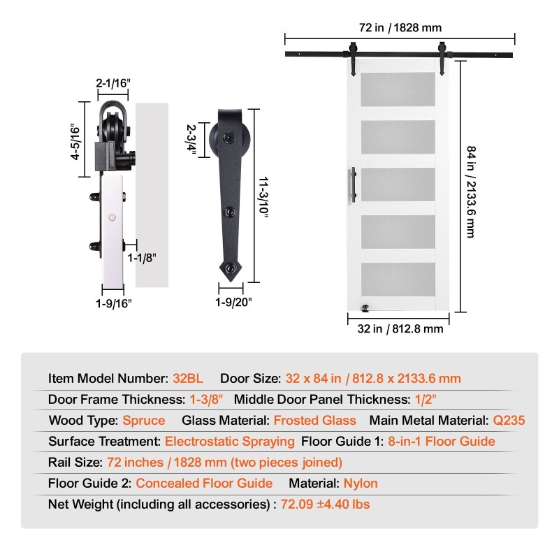 Puinen liukuovi 762×2134 mm kuusipuinen runko himmeä karkaistu lasi kiskosarja