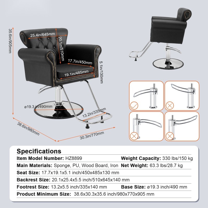 Kampaamotuoli PU-keinonahka valurautajalustalla hydraulinen 360 asteen kääntyvä portaattomasti säädettävä 150 kg