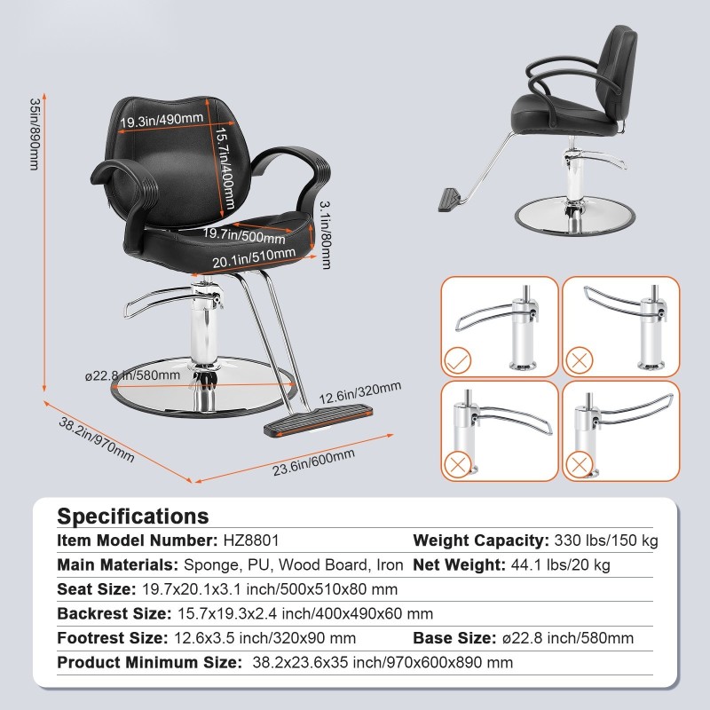 Kampaamotuoli PU-verhoilulla hydraulisella korkeussäädöllä 360 asteen pyörivä 150 kg kantavuus jalkatuella