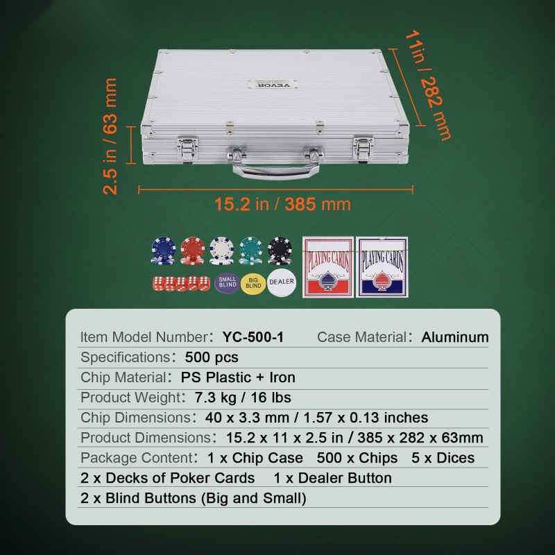 Pokerisetti 500 kpl 11,5 g pelimerkit alumiinisalkussa PS-muovi ja rauta