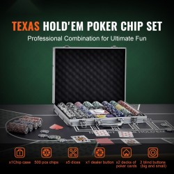 Pokerisetti 500 kappaleen 11,5 gramman painoiset kasinomerkit alumiinikotelossa korteilla