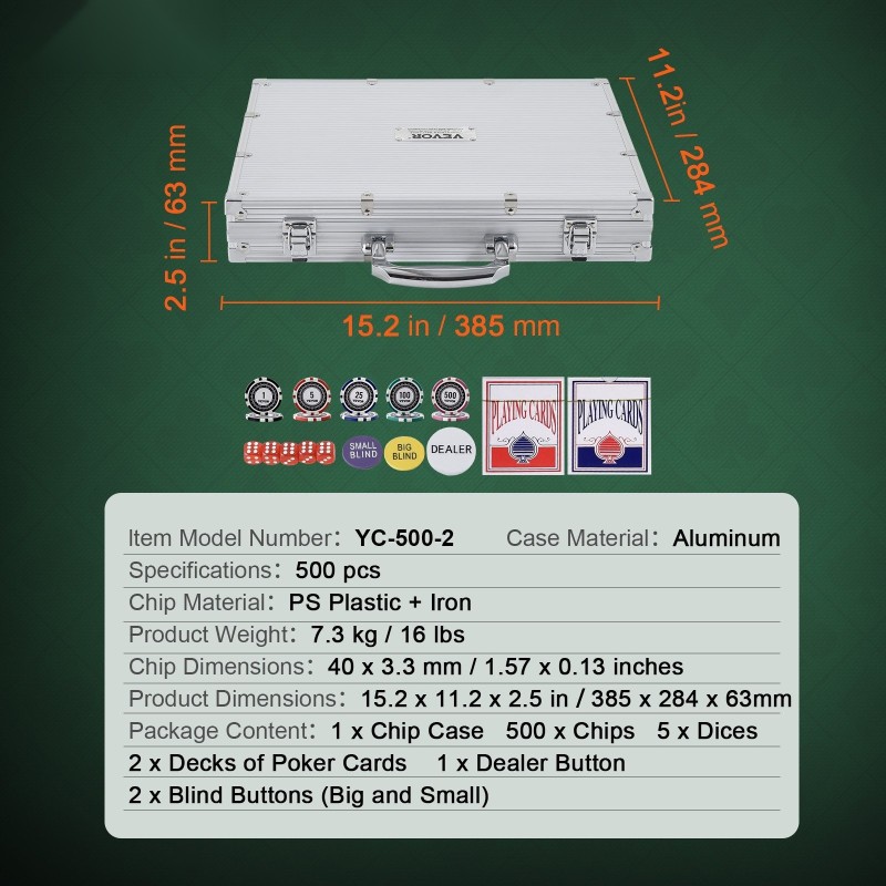 Pokerisetti 500 kappaleen 11,5 gramman painoiset kasinomerkit alumiinikotelossa korteilla
