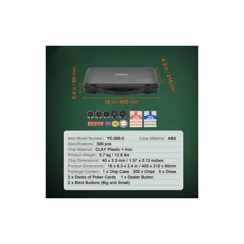 Pokerisetti 300 osaa 14 gramman savi ja muovipelimerkit muovikotelolla kotipeleihin