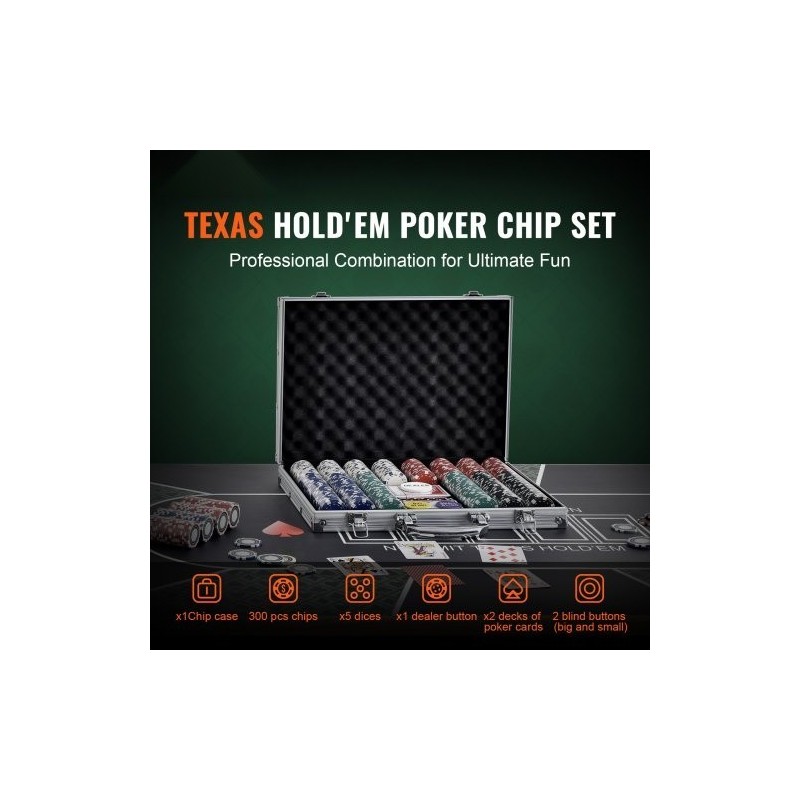 Pokerisetti 300 kappaletta 11,5 gramman kasinotyyliset pelimerkit alumiinisalkulla pelikortit napit nopat