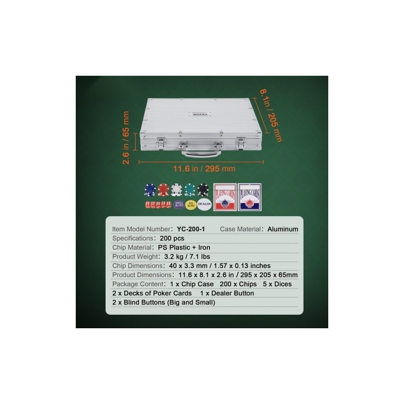 Pokerisetti 200 kappaleen 11,5 gramman polystyreeni ja rauta pelimerkit alumiinisalkussa