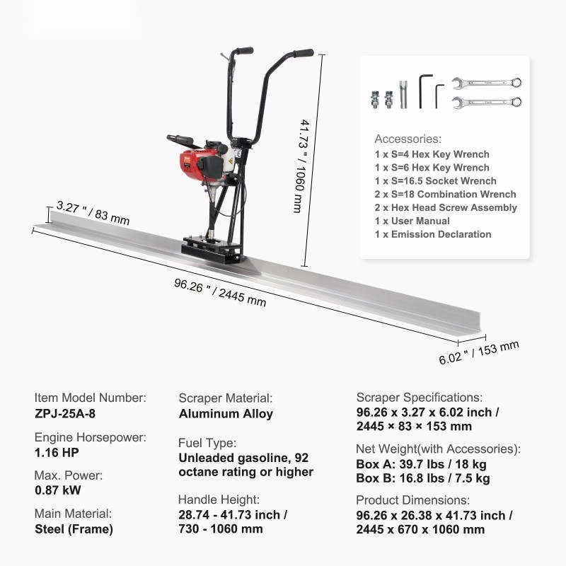 Bensiinikäyttöinen betonijyrsin 2445 millimetriä alumiininen suorareunalaatta 6500 kierrosta minuutissa säädettävä kahva