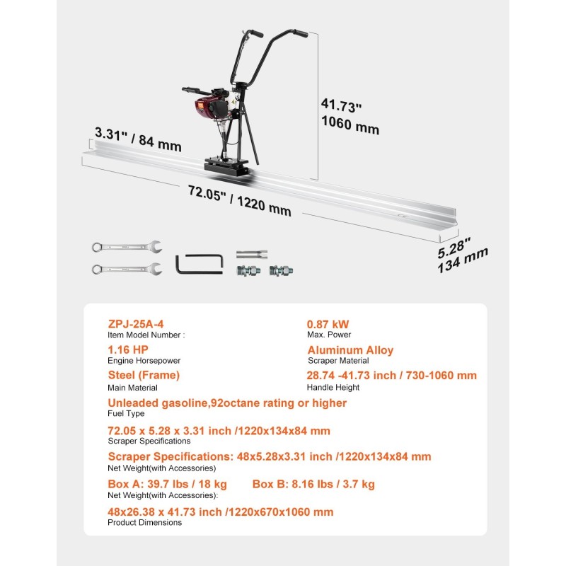 Bensiinikäyttöinen betonipintaussauva 1220 mm alumiinilastalla säädettävällä kahvalla 4-tahtinen tärinämoottori
