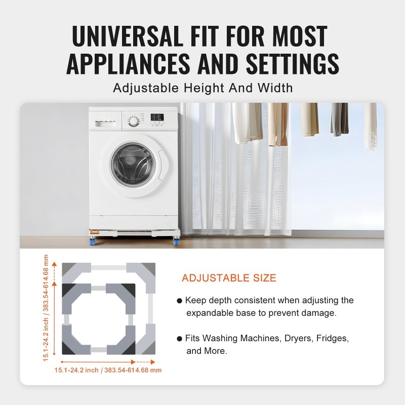 Säädettävä kodinkonejalusta ruostumatonta terästä pyörillä 381–615 mm