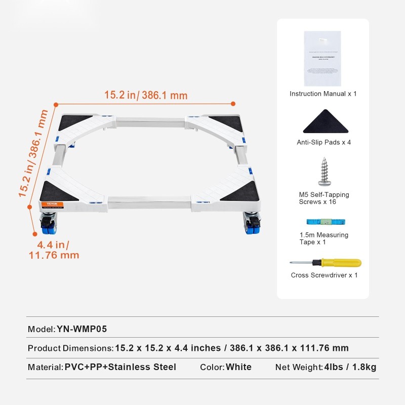 Säädettävä kodinkonejalusta ruostumatonta terästä pyörillä 381–615 mm