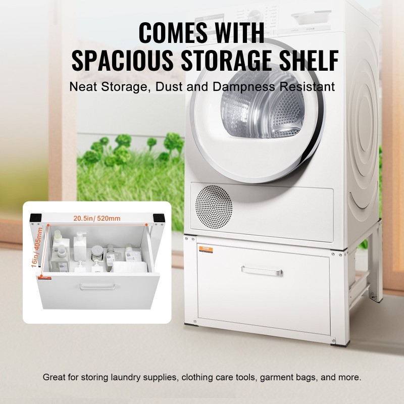 Pyykinpesukoneen jalusta kylmävalssattu teräs 299kg kantavuus 406mm nostokorkeus lisäsäilytila tärinää vaimentava