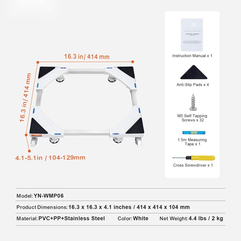 Säädettävä pesukone- ja jääkaappialusta 414–691 mm ruostumatonta terästä pyörillä