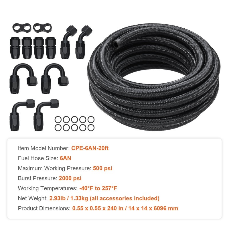 Polttoainelinjasarja 6AN 6m 0,34 tuumaa nailon teräspunos 12 kpl kääntyviä liittimiä