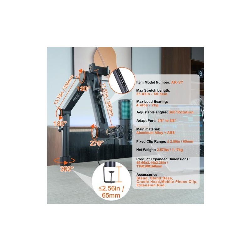 Pöytään kiinnitettävä alumiiniseosinen mikrofonivarsi 360 asteen kääntyvä säädettävä korkeus C-puristin kuulokepidike