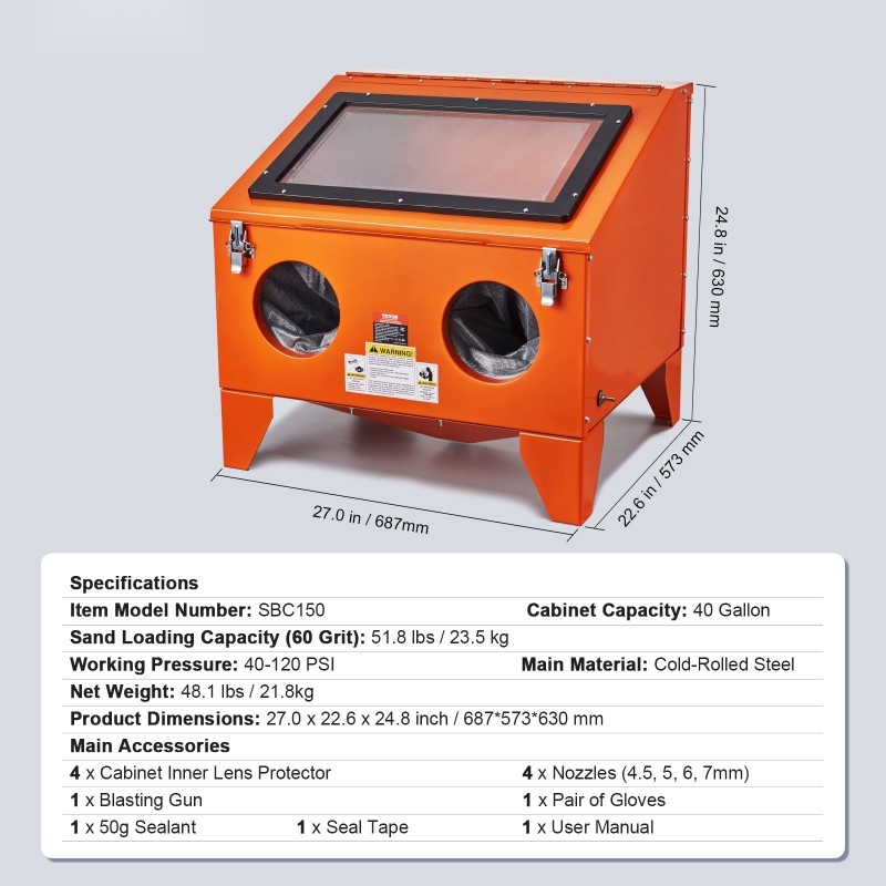 Penkille asetettava hiekkapuhalluskaappi 151,4 l kylmävalssattu teräs 4 keraamisella suuttimella alumiinisella