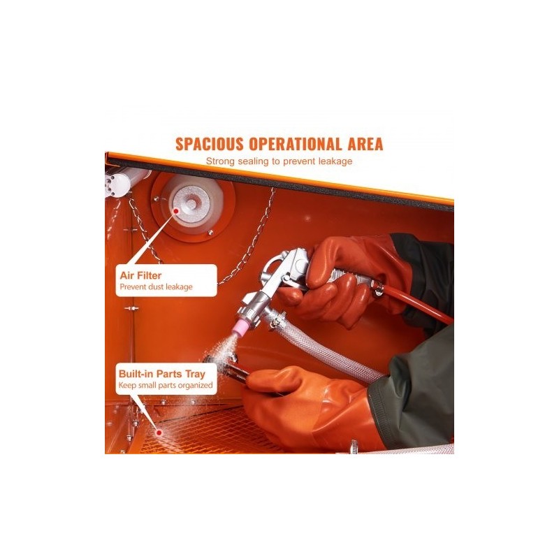 Pöytämallinen hiekkapuhalluskaappi 94,6 L kylmävalssattu teräsrunko alumiinipistooli 4 keraamista suutinta