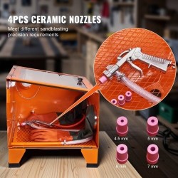 Pöytämallinen hiekkapuhalluskaappi 94,6 L kylmävalssattu teräsrunko alumiinipistooli 4 keraamista suutinta