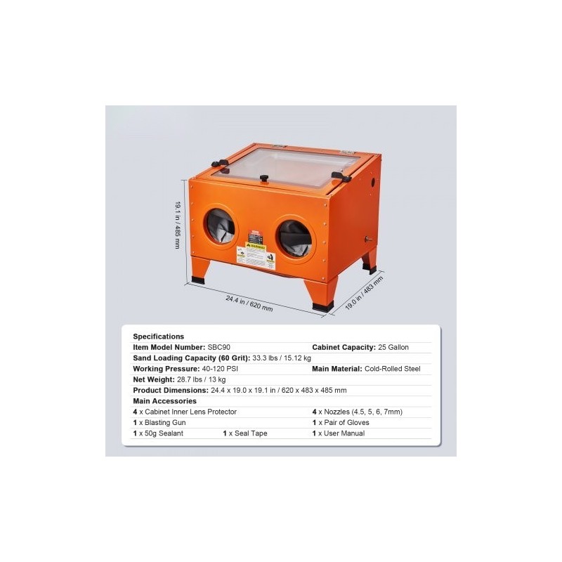 Pöytämallinen hiekkapuhalluskaappi 94,6 L kylmävalssattu teräsrunko alumiinipistooli 4 keraamista suutinta