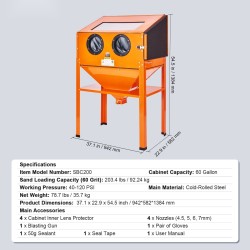 Hiekkapuhalluskaappi kylmävalssatusta teräksestä 227,1 l jaloilla puhalluspistoolilla 4 keraamista suutinta